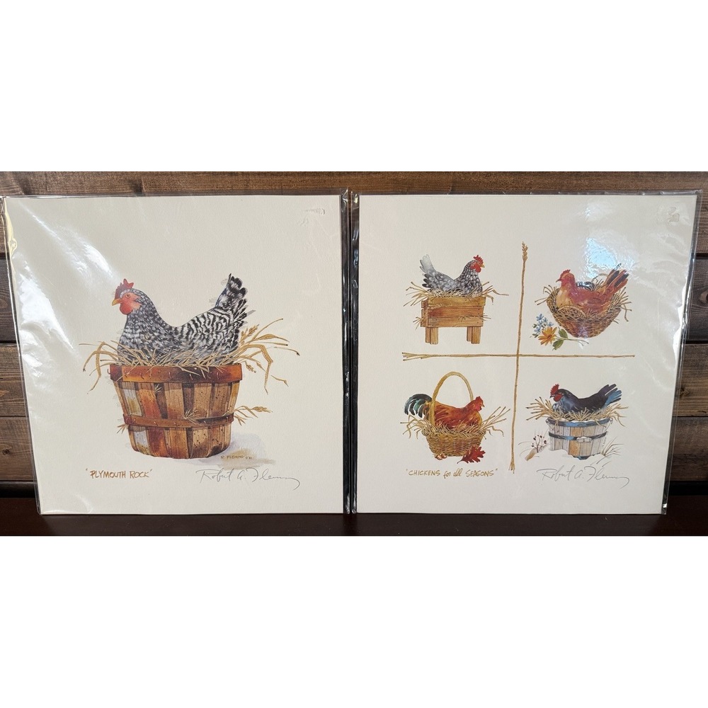 Vintage 1980s Robert A. Fleming Chickens Lithograph Prints (2) Signed By Artist